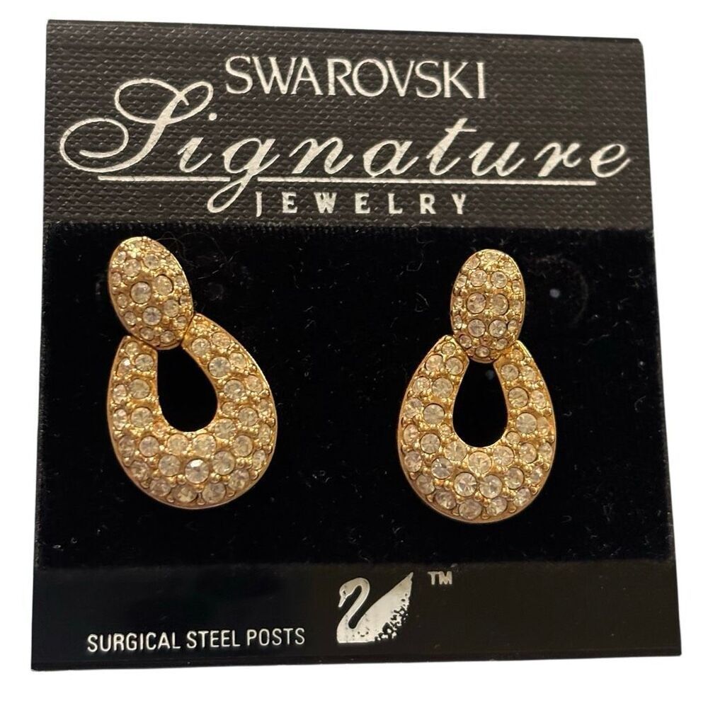 Swarovski Gold Tone & Crystal Door Knocker Pierced Earrings *Read*